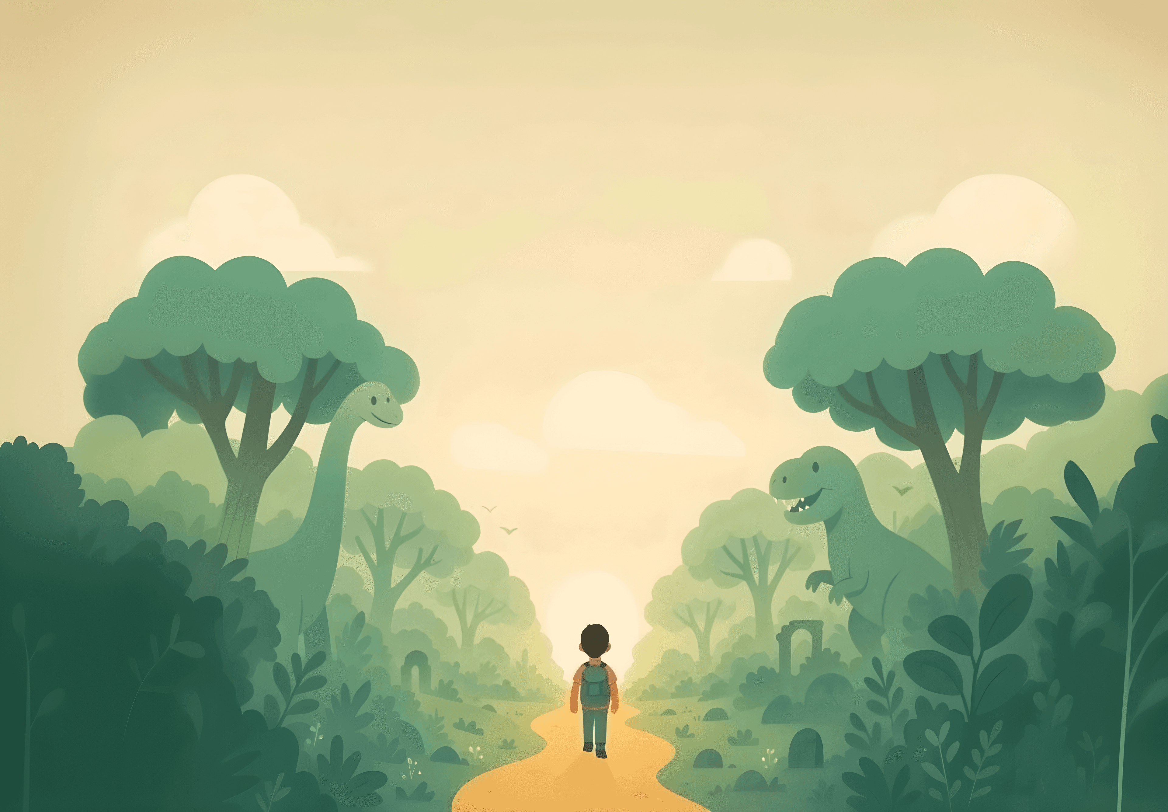 Colorful illustration of a child on an adventure path with friendly dinosaurs